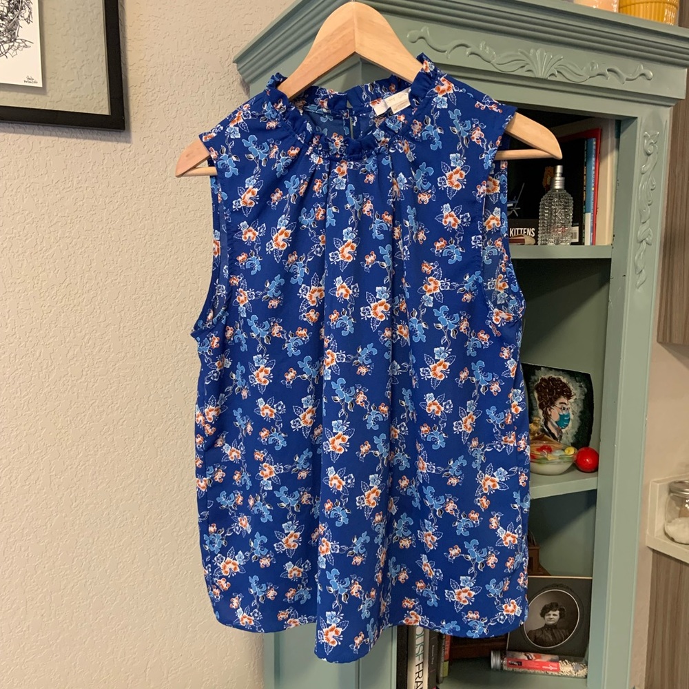 Cooper & Ella Ruffle Neck Sleeveless Blouse Blue Floral Size M